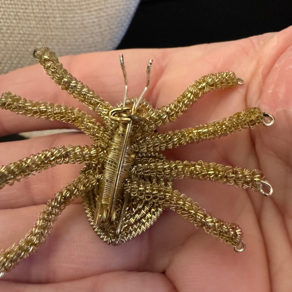 Gold-Tone Handmade Wire Spider Brooch With Rhinestone Accents - Picture 12 of 14